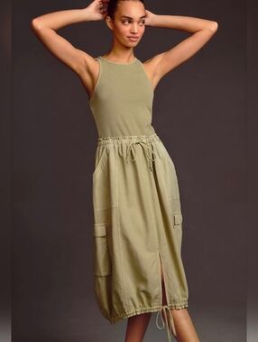 Daily Practice Anthropologie High-Neck Tank Twofer Cargo Midi Dress Green Small